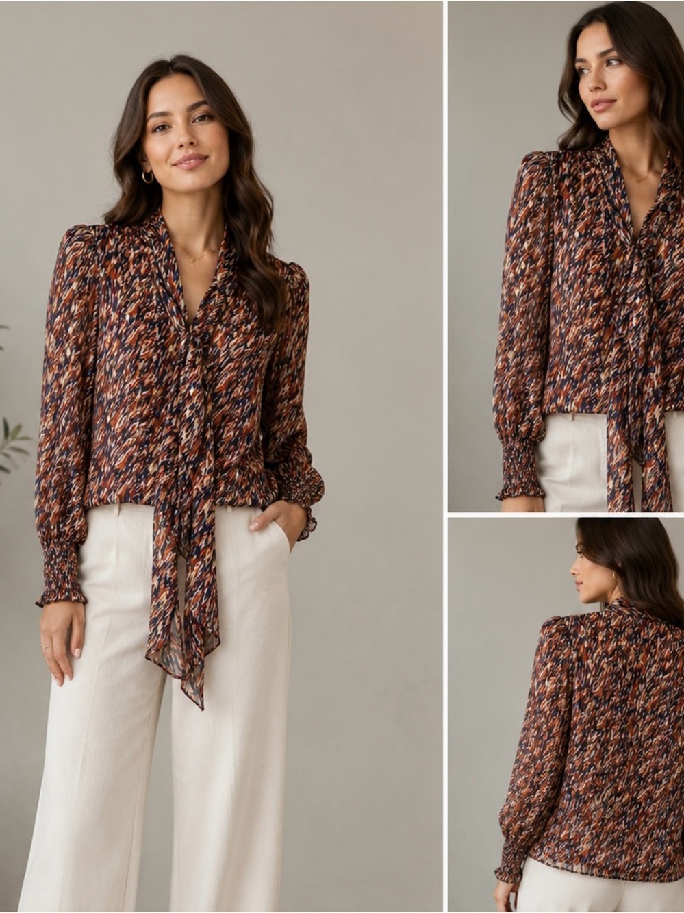 Vince Camuto Brown Multi Tie-Neck Printed Blouse